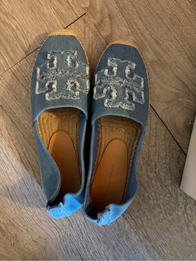 Tory Burch Light Blue Denim Logo Espadrille Flats